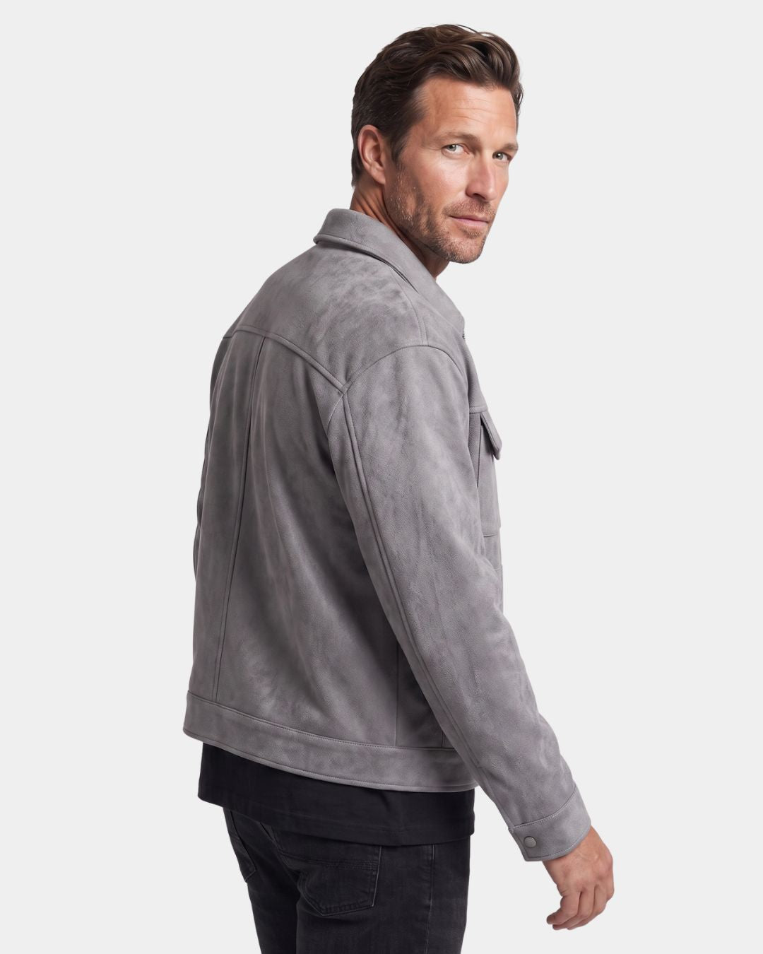 Rear three-quarter view of men's gray casual zip-up overshirt jacket with boxy fit