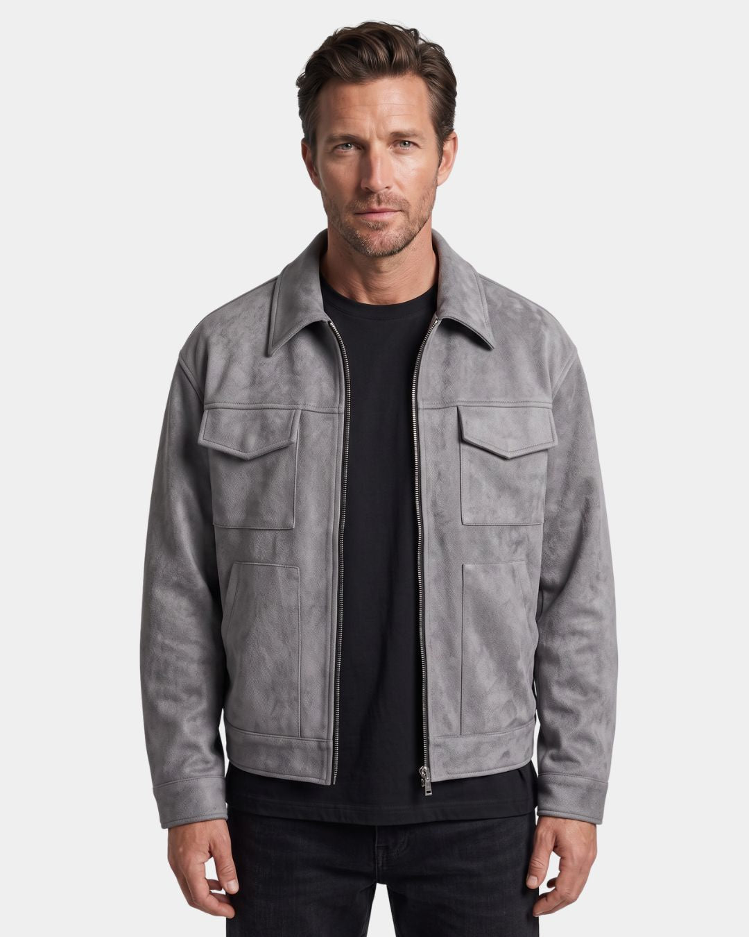 Front view of men's gray casual zip-up overshirt jacket with four-pocket design