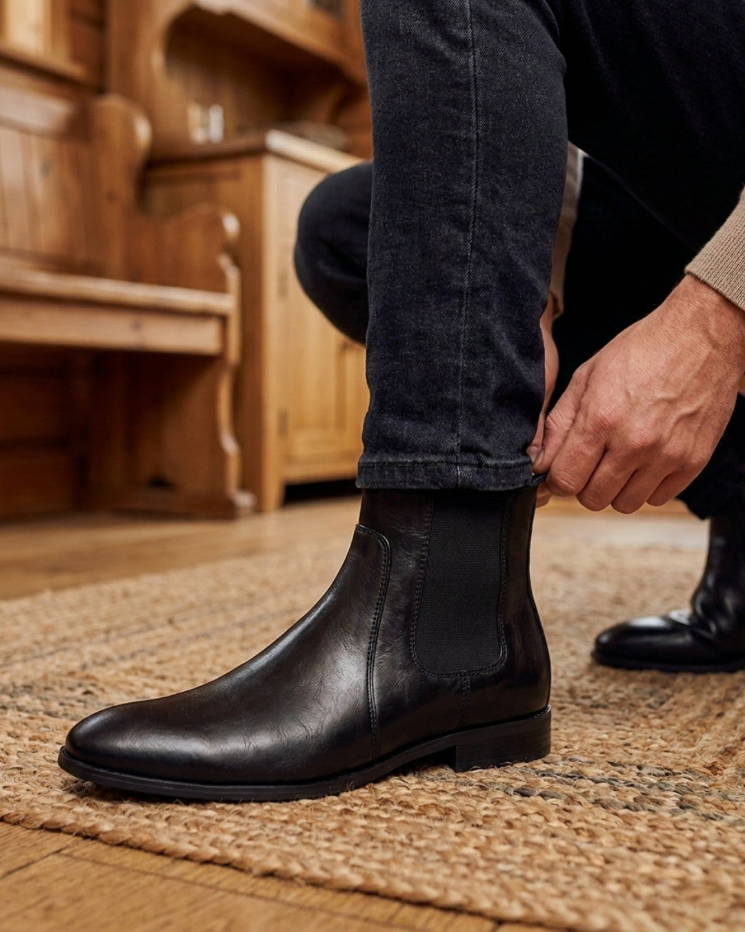 Men’s black Chelsea dress boots with a smooth finish, square-toe silhouette, and elastic side panels worn with dark jeans.