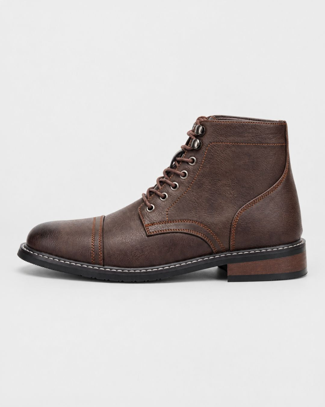 Brown textured cap-toe ankle boot with contrast stitching, metal eyelets, and a durable rubber outsole.