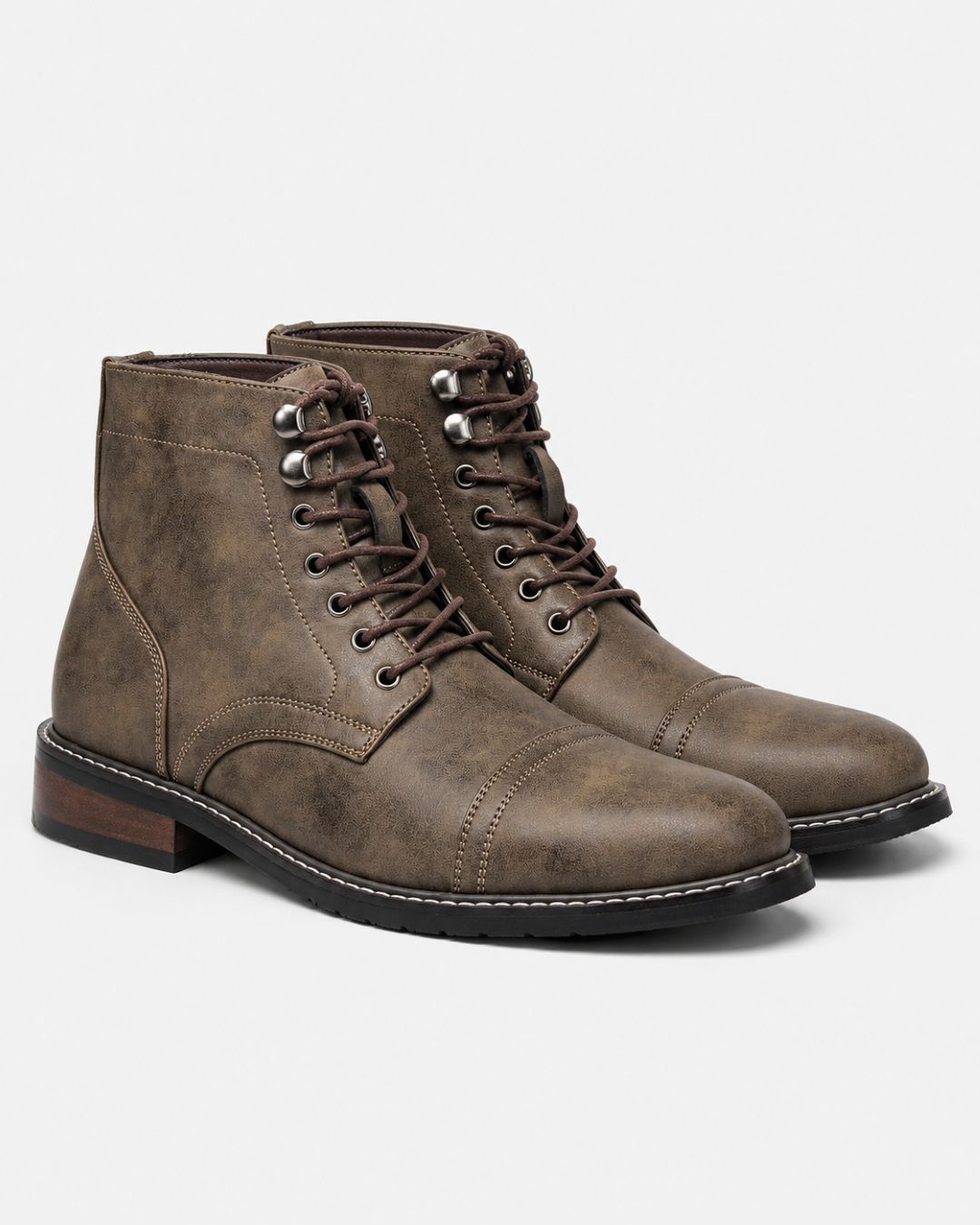 Brown textured cap-toe ankle boots with lace-up front, metal eyelets, speed hooks, and a durable rubber outsole.