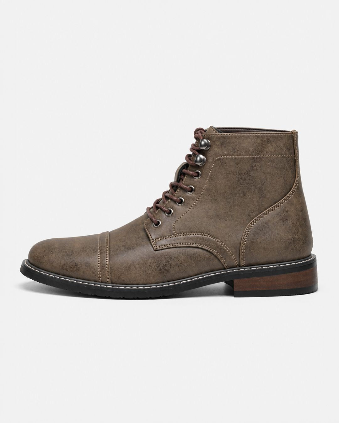 Brown textured cap-toe ankle boot with lace-up front, metal eyelets, contrast stitching, and a durable rubber outsole.