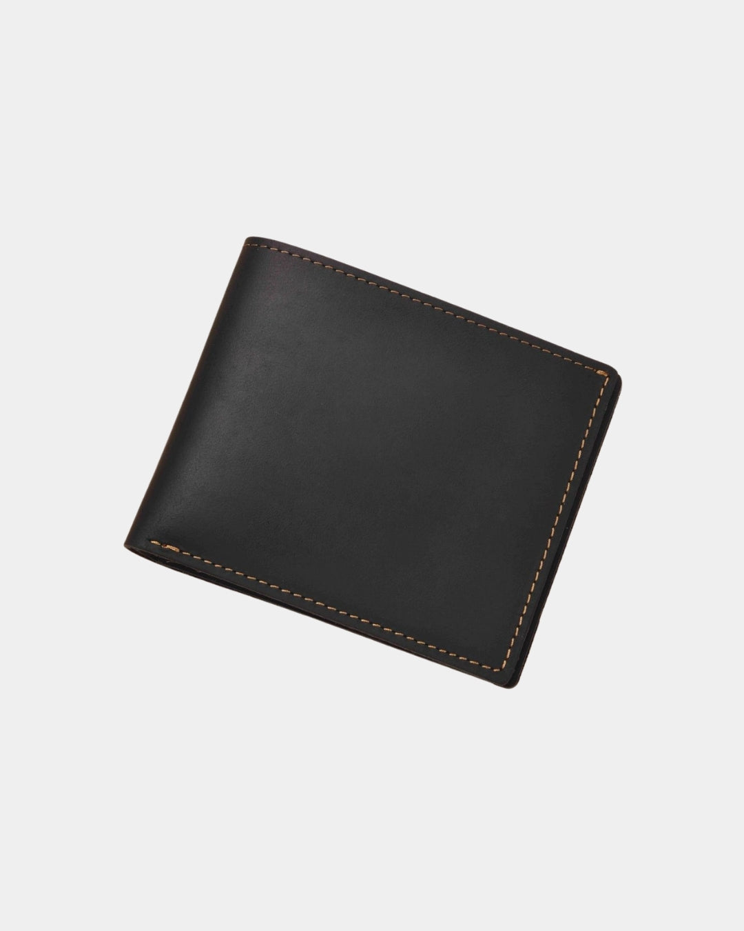 Black bifold men's wallet in genuine Crazy Horse leather with contrast stitching and a compact, minimalist design.