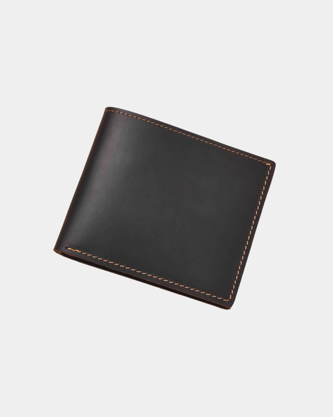 Dark brown Crazy Horse leather bifold wallet with contrast stitching and a compact, classic design.