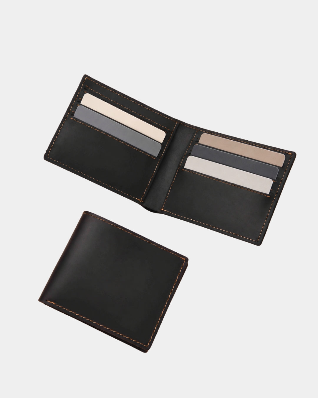 Dark brown Crazy Horse leather bifold wallet with contrast stitching, six card slots, and a compact, folded design.