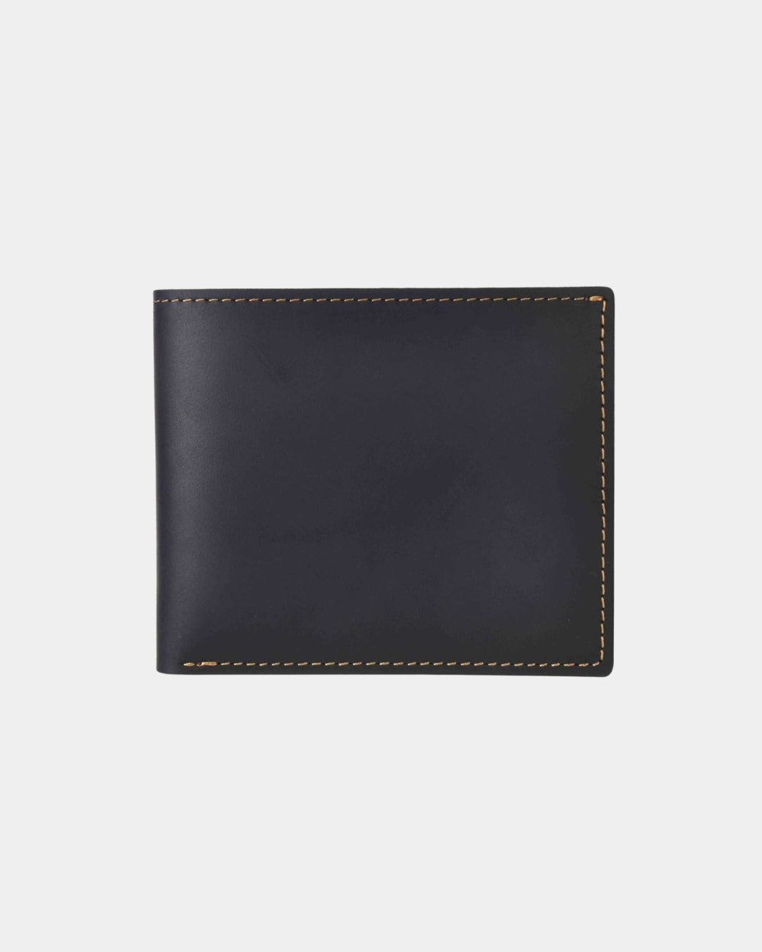 Dark brown Crazy Horse leather bifold wallet with contrast stitching and a compact, minimalist design.