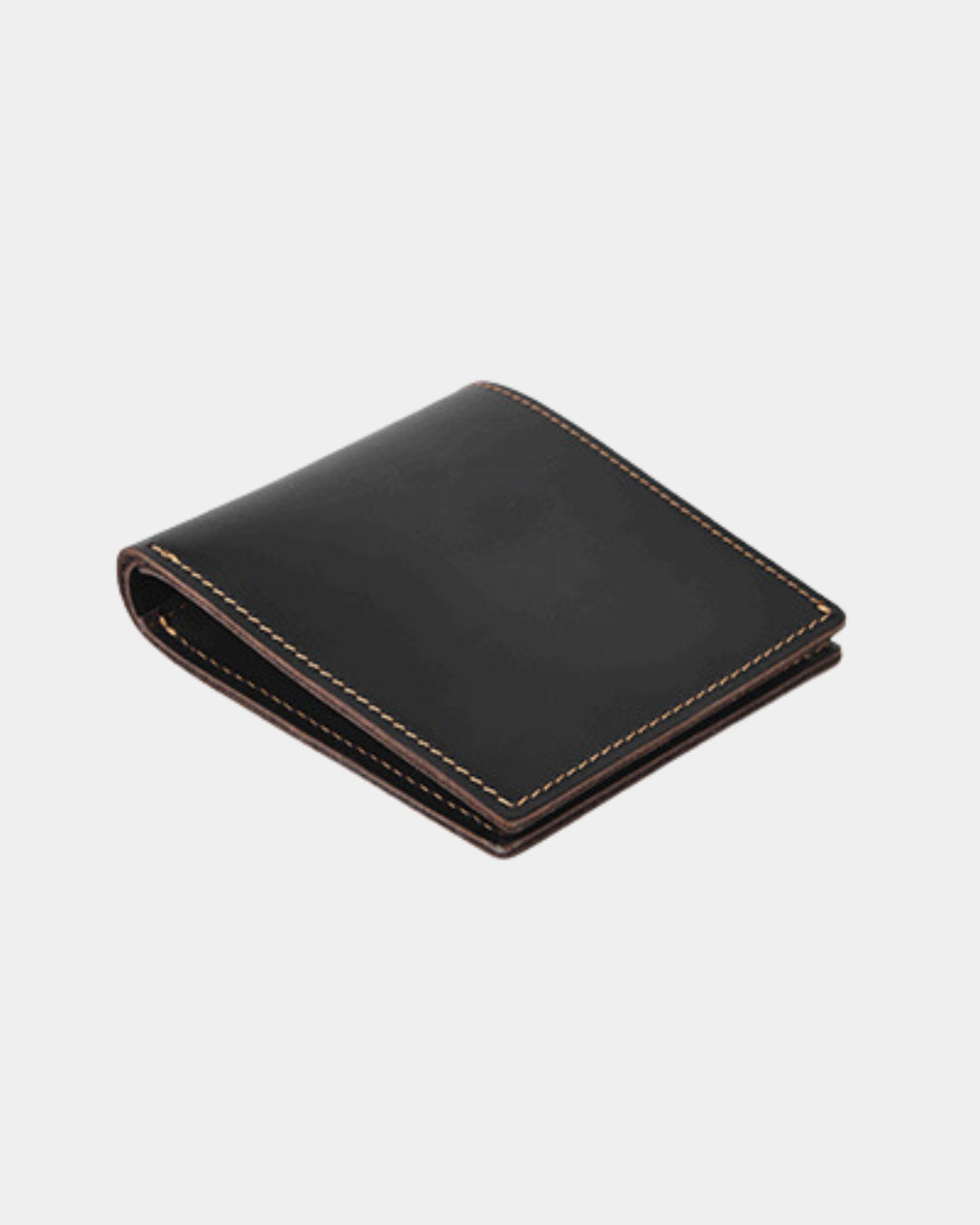 Black Crazy Horse leather bifold wallet with contrast stitching and a compact, minimalist design.