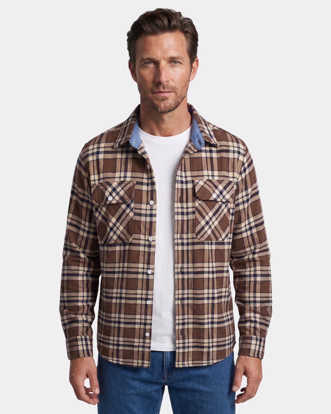 Man wearing a brown plaid long-sleeve flannel shirt with button-front, two chest pockets, and a relaxed fit.