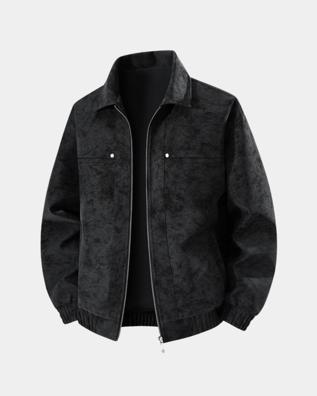 Black collared bomber jacket with zip front, chest pockets and elasticized cuffs