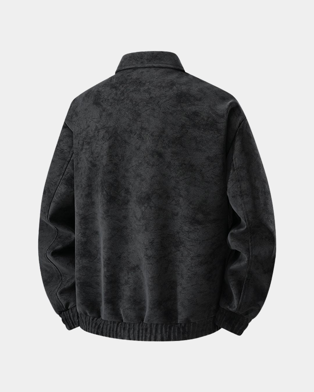 Back view of a black collared bomber jacket with zip front, chest pockets and elasticized cuffs