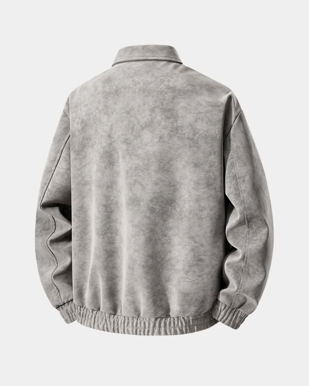Back view of a light gray collared bomber jacket with zip front, chest pockets and elasticized cuffs