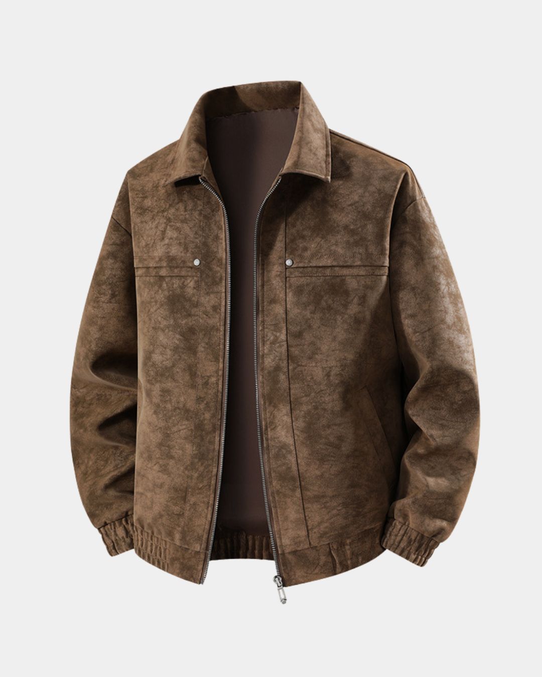 Brown collared bomber jacket with zip front, chest pockets and elasticized cuffs