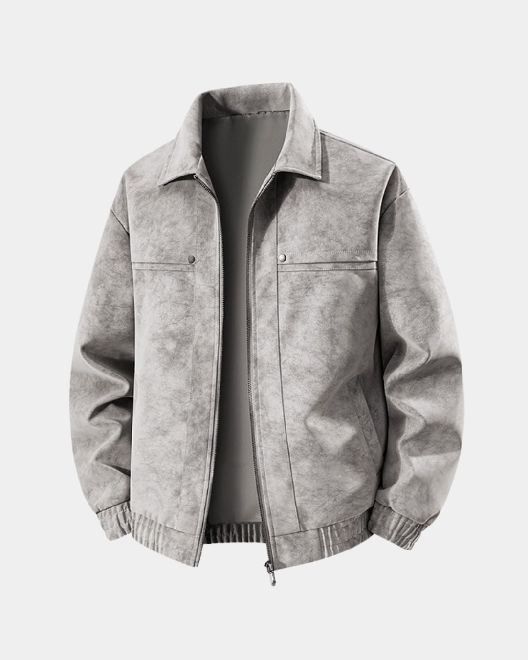 Light gray collared bomber jacket with zip front, chest pockets and elasticized cuffs
