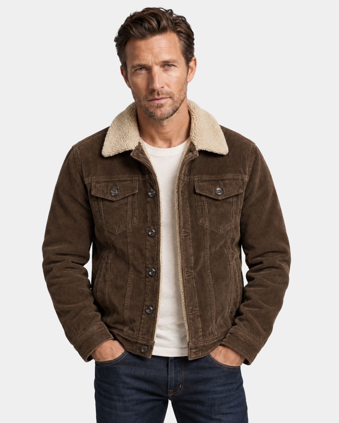 Men’s brown corduroy trucker jacket with a cream sherpa collar, button-front closure, and chest pockets.