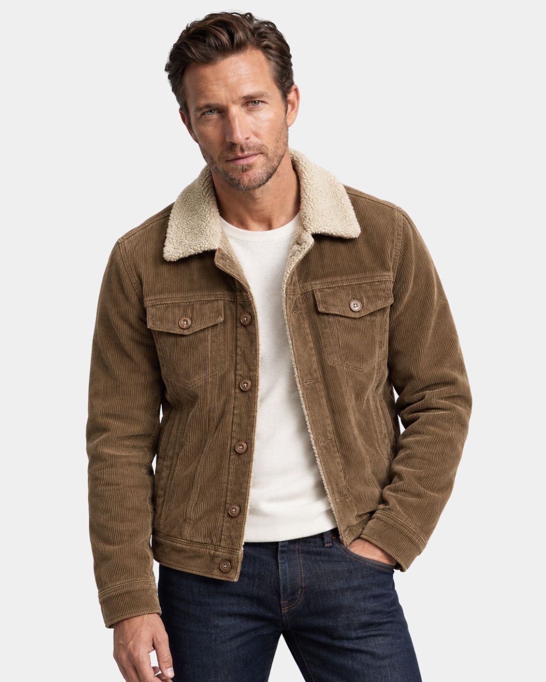 Men’s brown corduroy trucker jacket with a cream sherpa collar and lining, featuring a button-front and chest pockets.