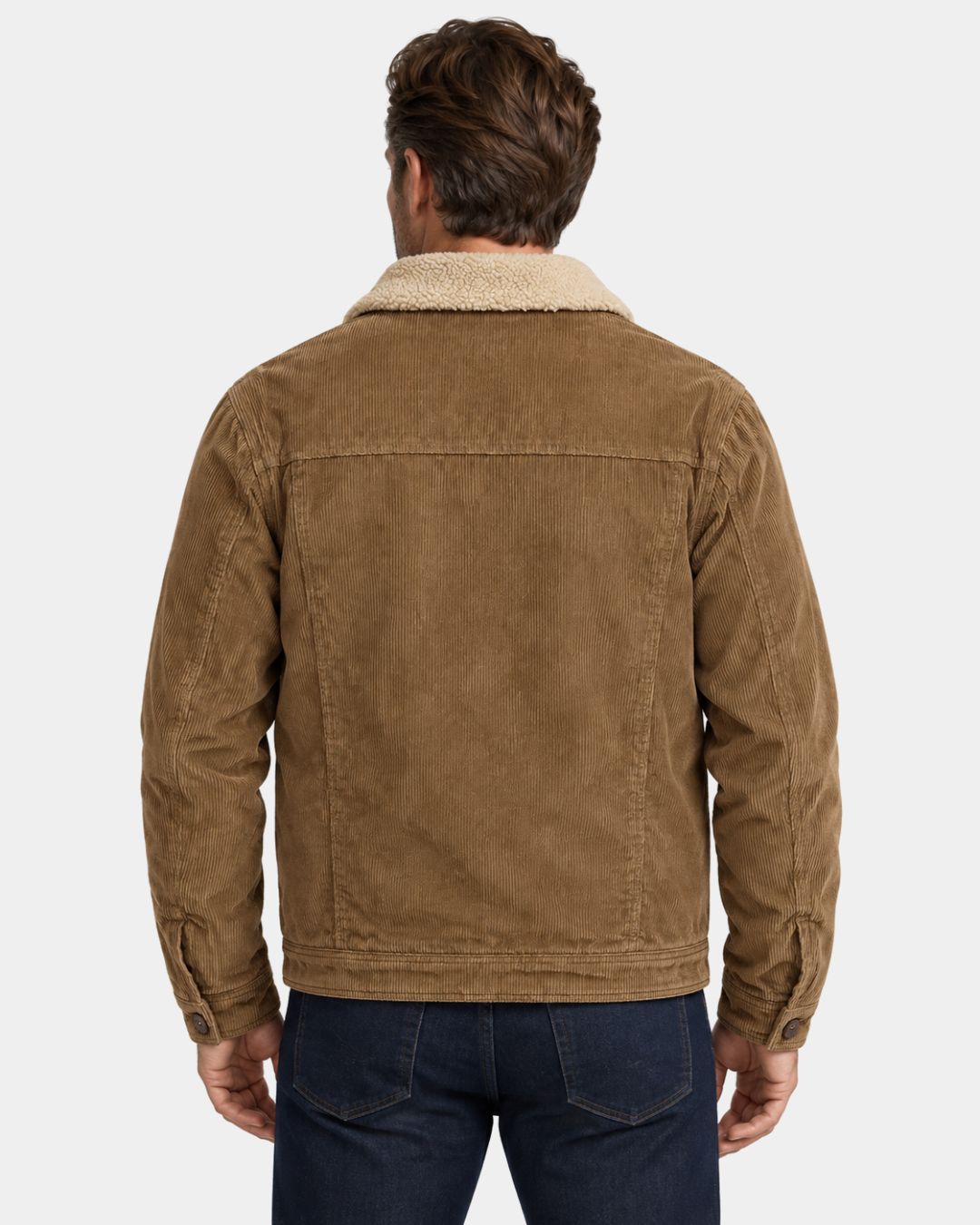 Back view of a brown corduroy trucker jacket with a cream sherpa collar, worn over dark blue jeans.