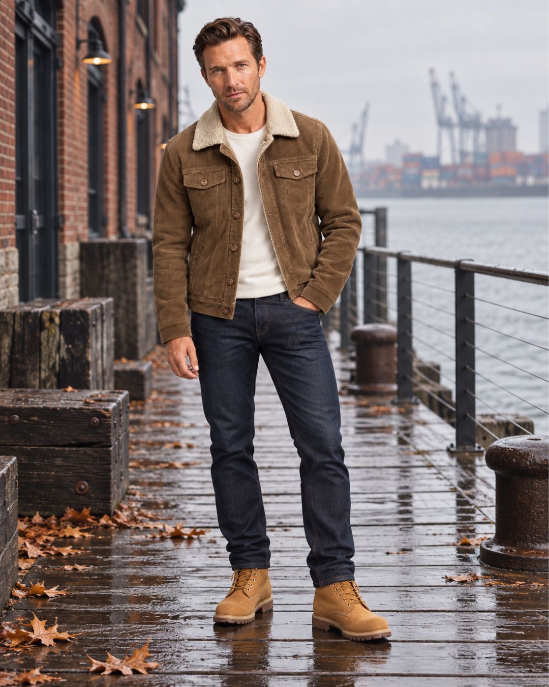Man wearing a brown corduroy trucker jacket with a cream sherpa collar, white shirt, dark jeans, and tan boots on a pier.
