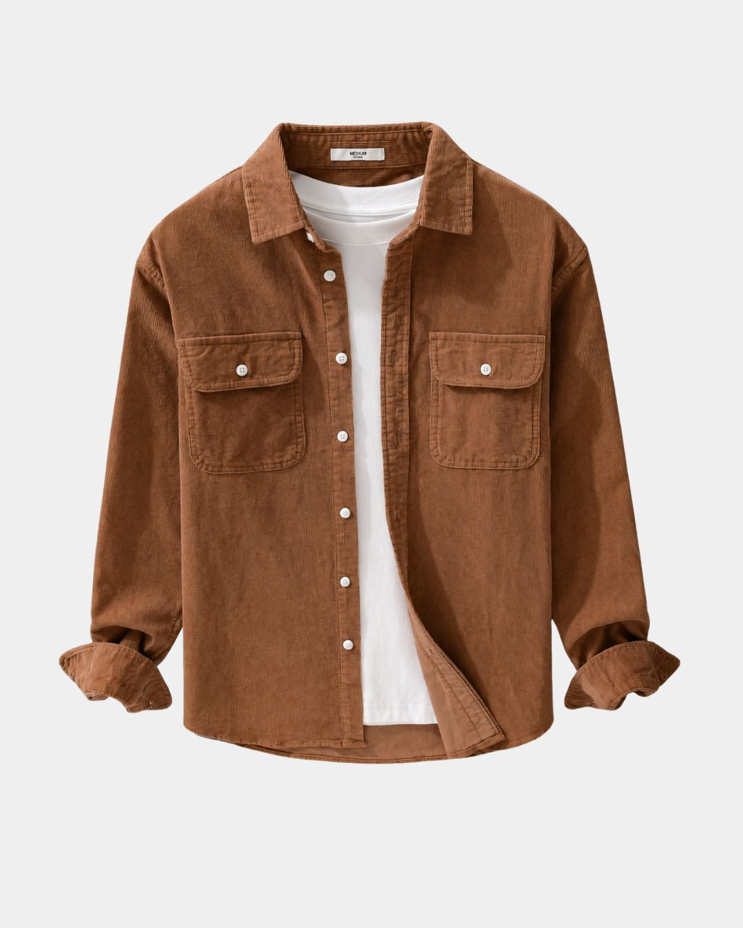 Brown cotton corduroy button-up shirt with chest pockets, dropped shoulders, and a white T-shirt underneath.
