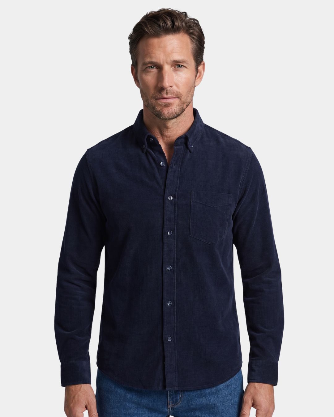 Slim-fit navy blue cotton corduroy shirt featuring a button-down collar and single chest pocket.
