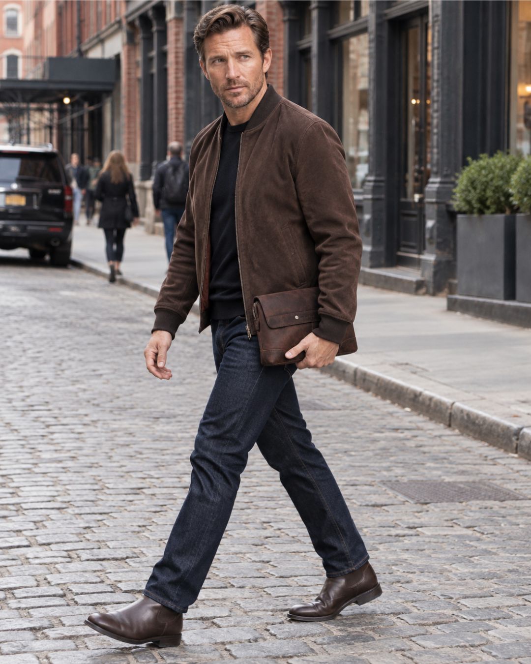Man walking on a city street carrying a vintage brown Crazy Horse leather clutch bag with a flap design.