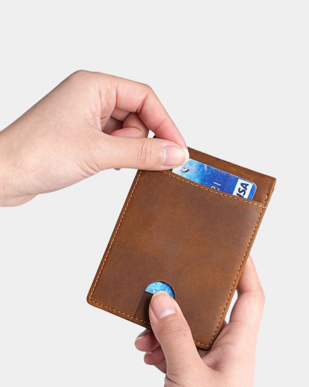Brown Crazy Horse leather bifold wallet with an exterior quick-access card slot and RFID protection.