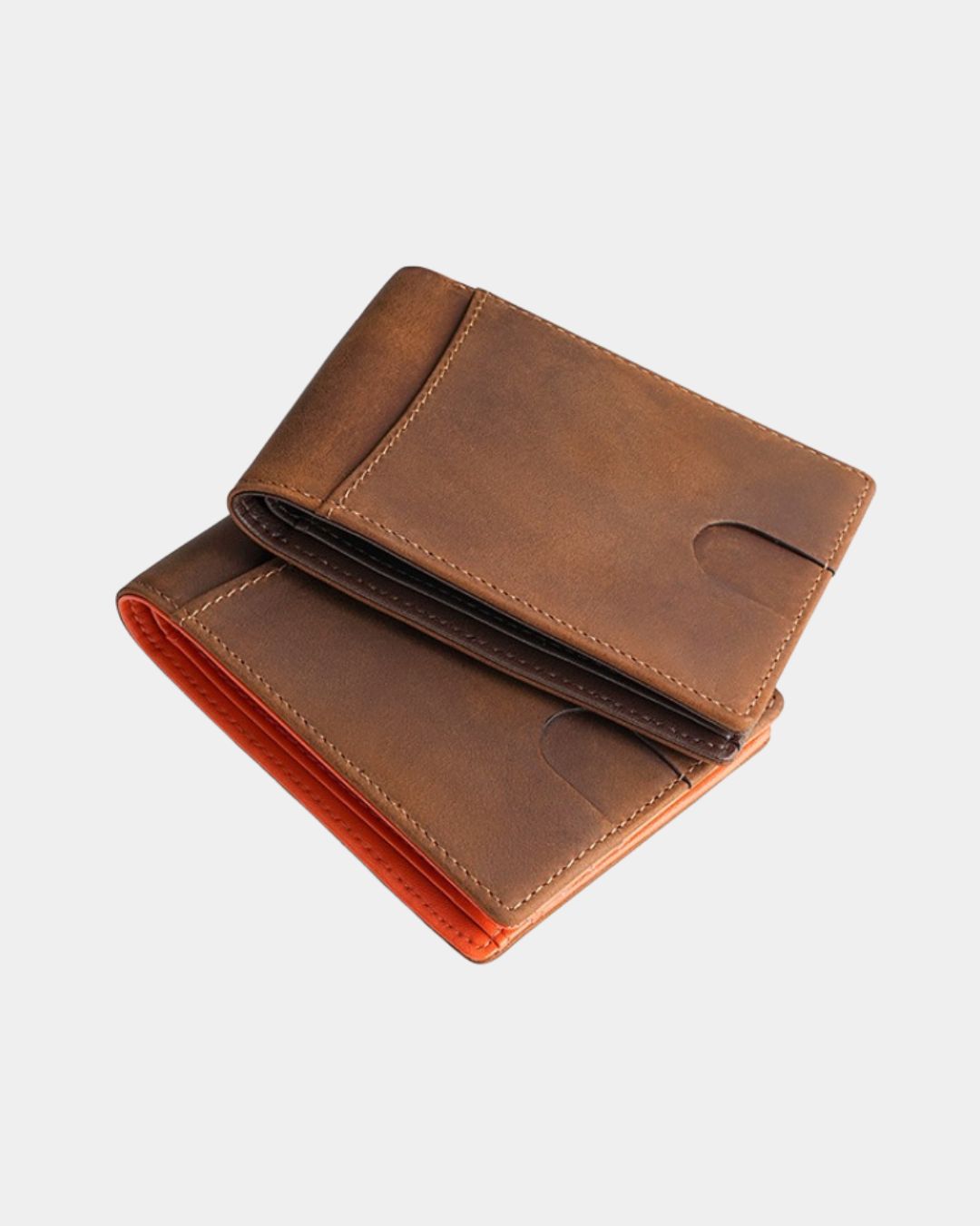 Brown Crazy Horse leather bifold wallet with an orange interior and exterior quick-access card slot.