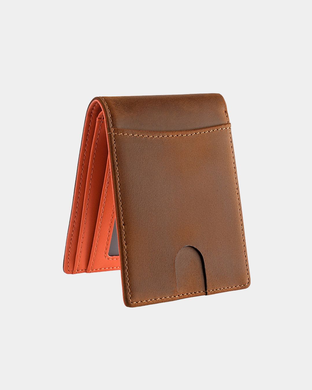 Brown Crazy Horse leather bifold wallet with orange interior, exterior card slot, and RFID protection.