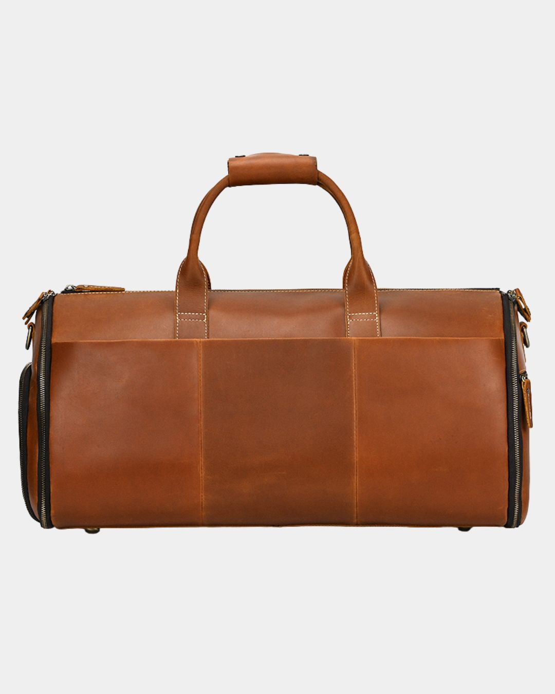 Cognac Crazy Horse leather travel duffel bag with garment bag functionality and side shoe compartment.