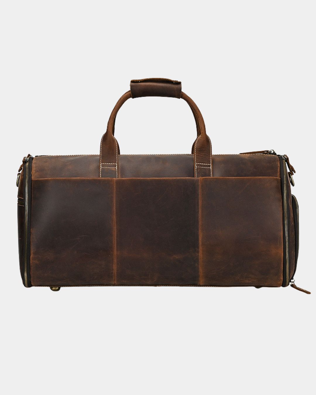 Brown Crazy Horse leather travel duffel bag with garment bag functionality and side shoe compartment.