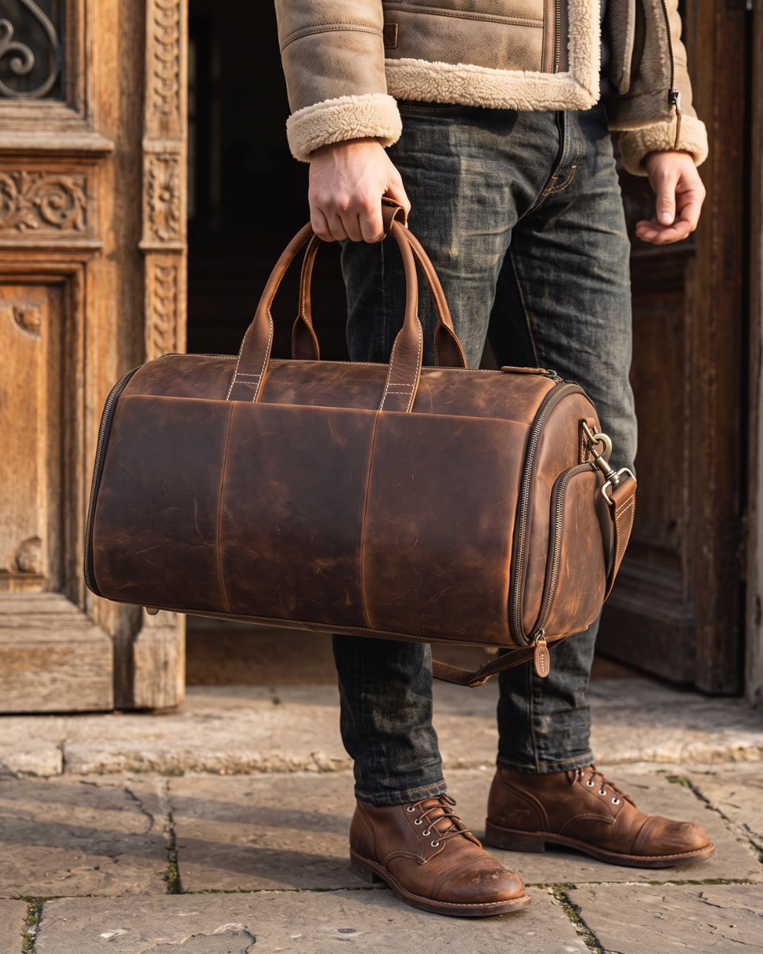 Man holding a brown Crazy Horse leather travel duffel bag with a side shoe compartment and reinforced handles.