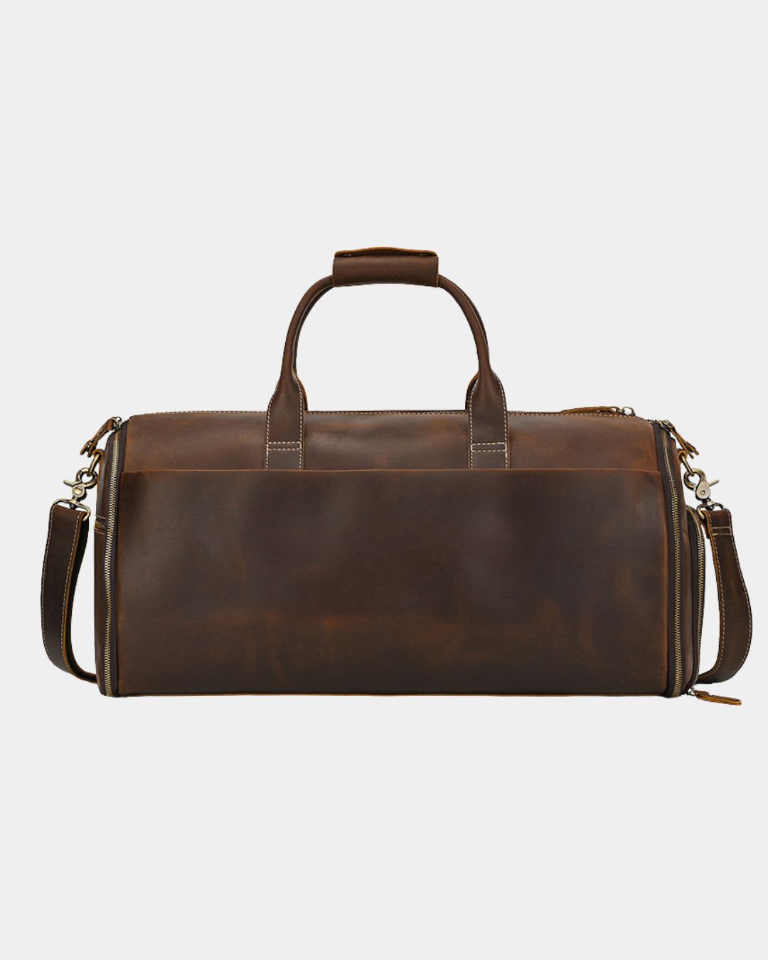 Brown Crazy Horse leather travel duffel bag with garment bag functionality, top handles, and shoulder strap.