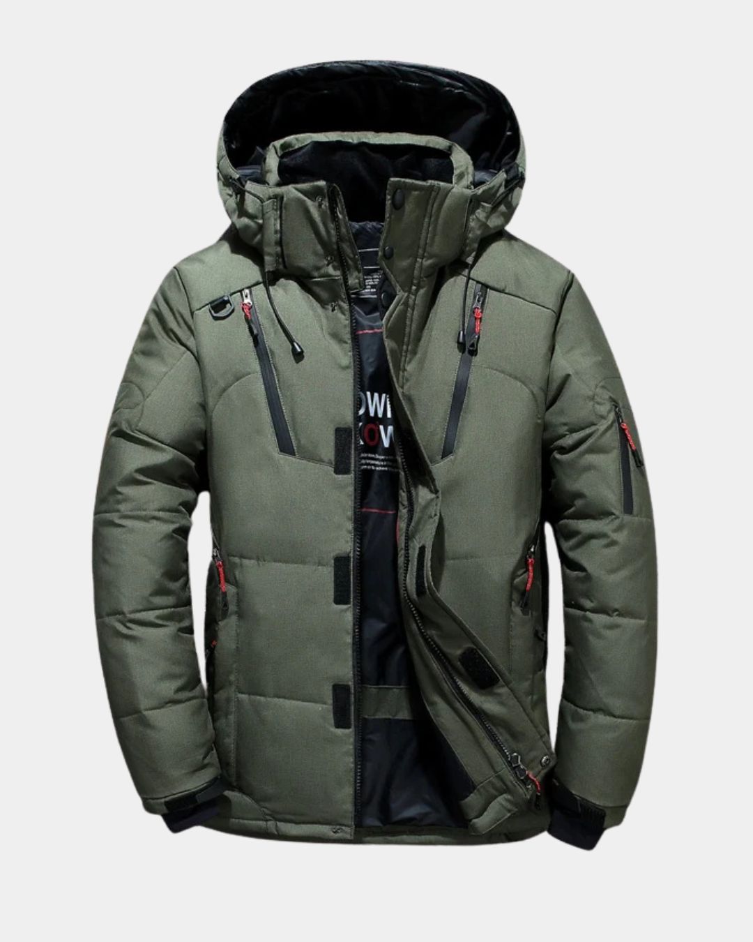 Olive green men's down puffer ski jacket with a detachable hood, multiple zip pockets, and adjustable cuffs.