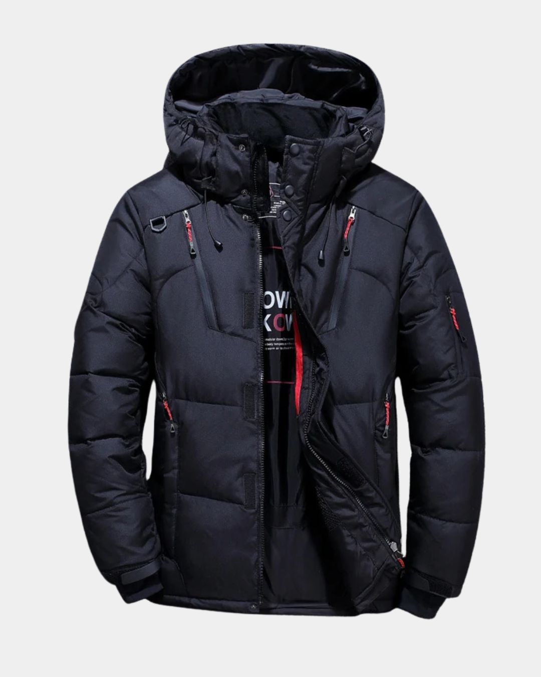 Black men's down puffer ski jacket with a detachable hood, zip pockets, and adjustable cuffs for winter weather.