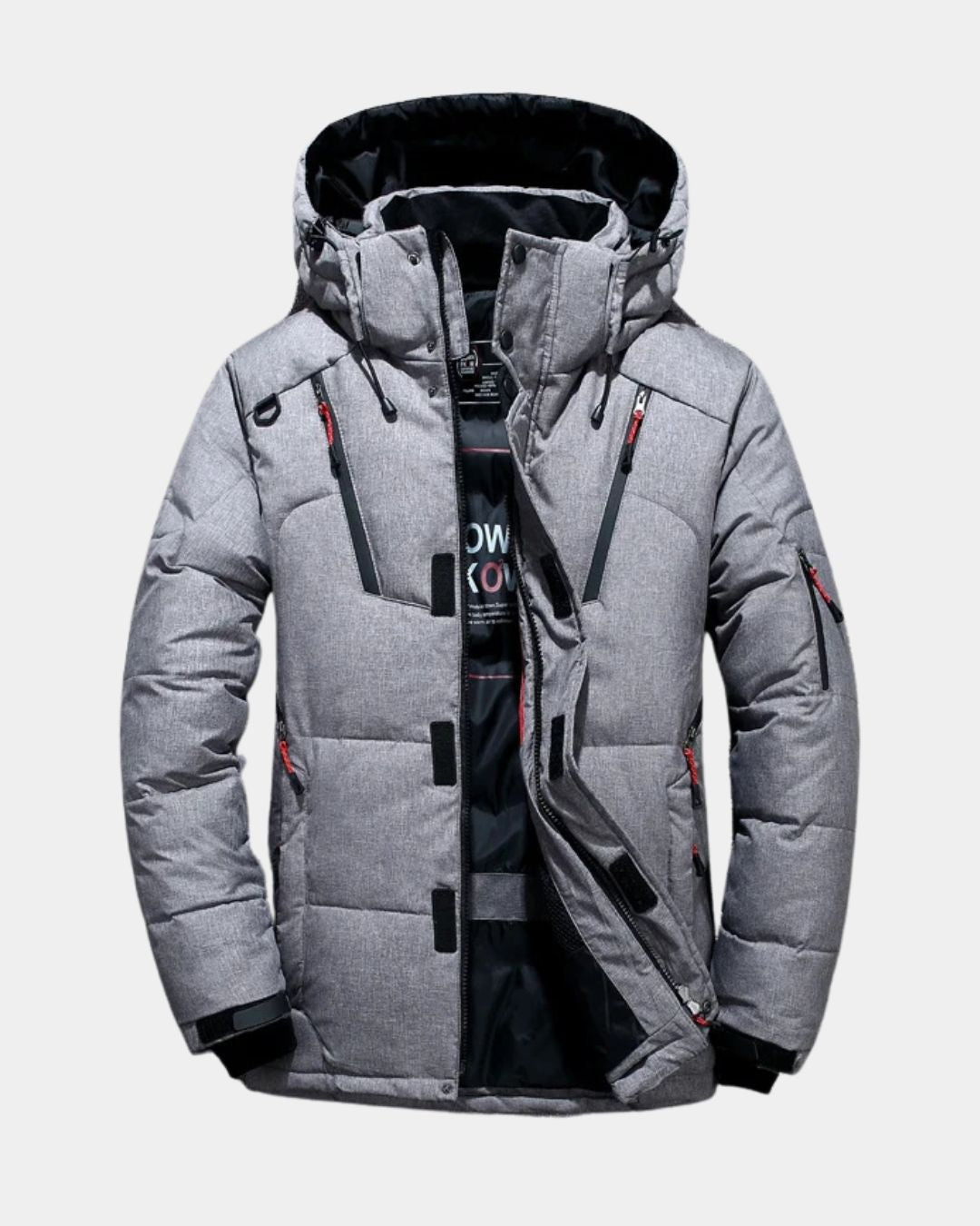 Grey men's down puffer ski jacket with a detachable hood, zip pockets, and adjustable cuffs for winter weather.