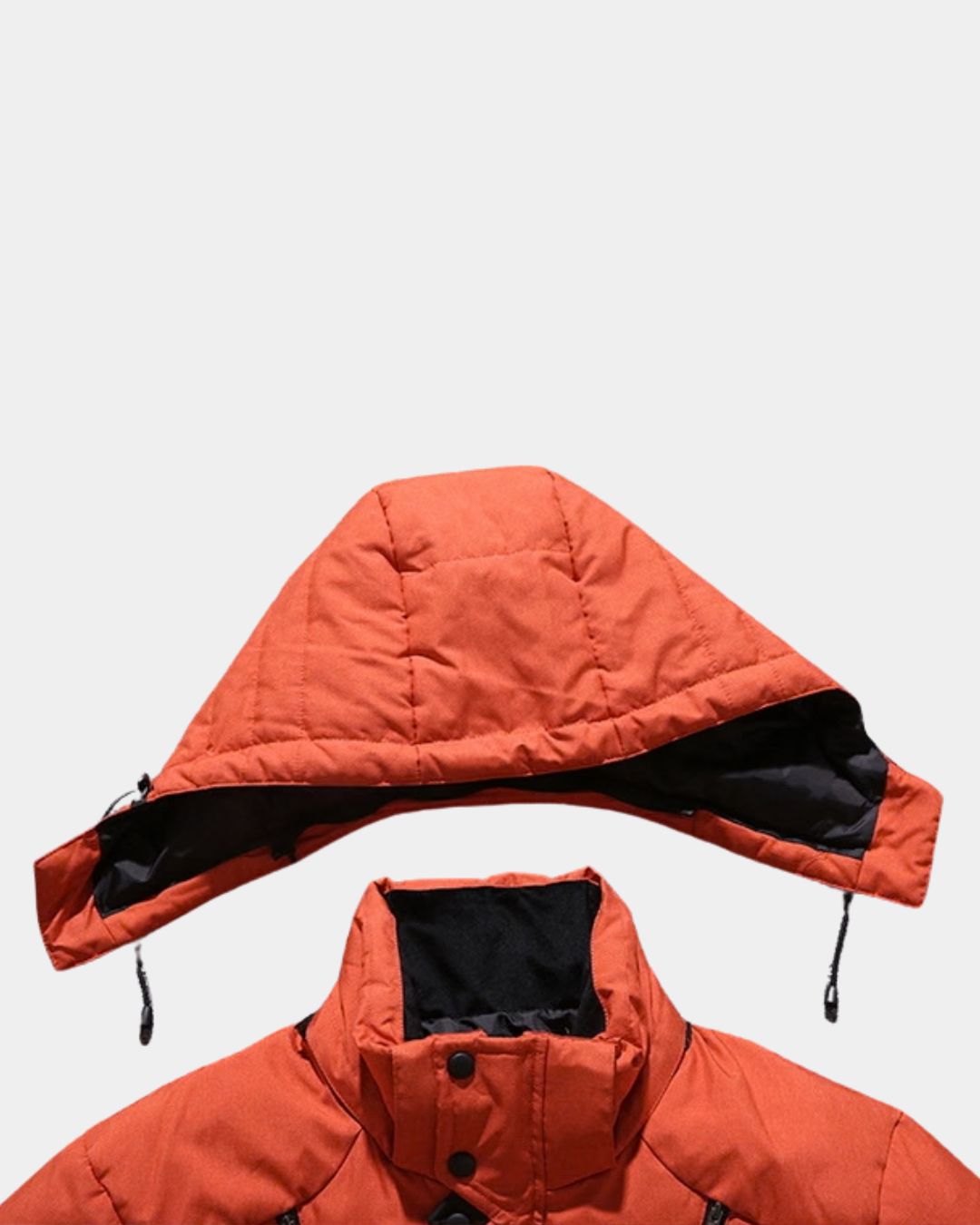 Orange men's down puffer ski jacket featuring a high collar and a detachable insulated hood.