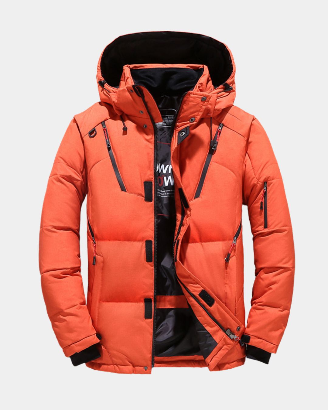 Orange men's down puffer ski jacket with a detachable hood, zip pockets, and adjustable cuffs for winter weather.