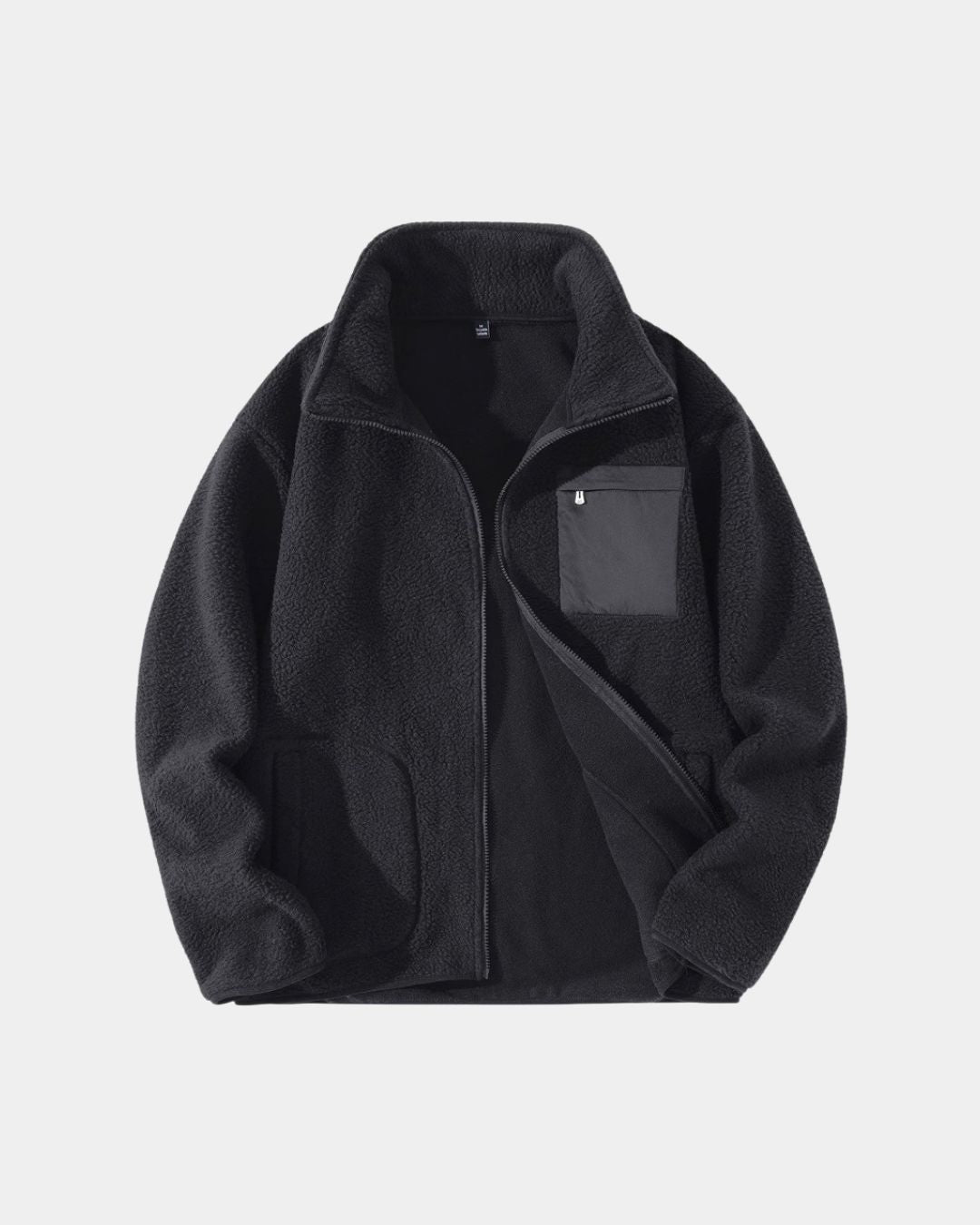 Black men's full-zip teddy jacket in soft sherpa fleece with a high collar and a contrasting zip chest pocket.
