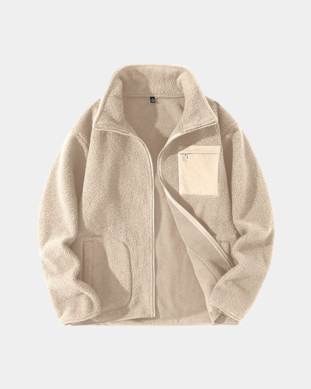 Beige men’s full-zip sherpa fleece teddy jacket with a high collar, chest pocket, and soft interior lining.