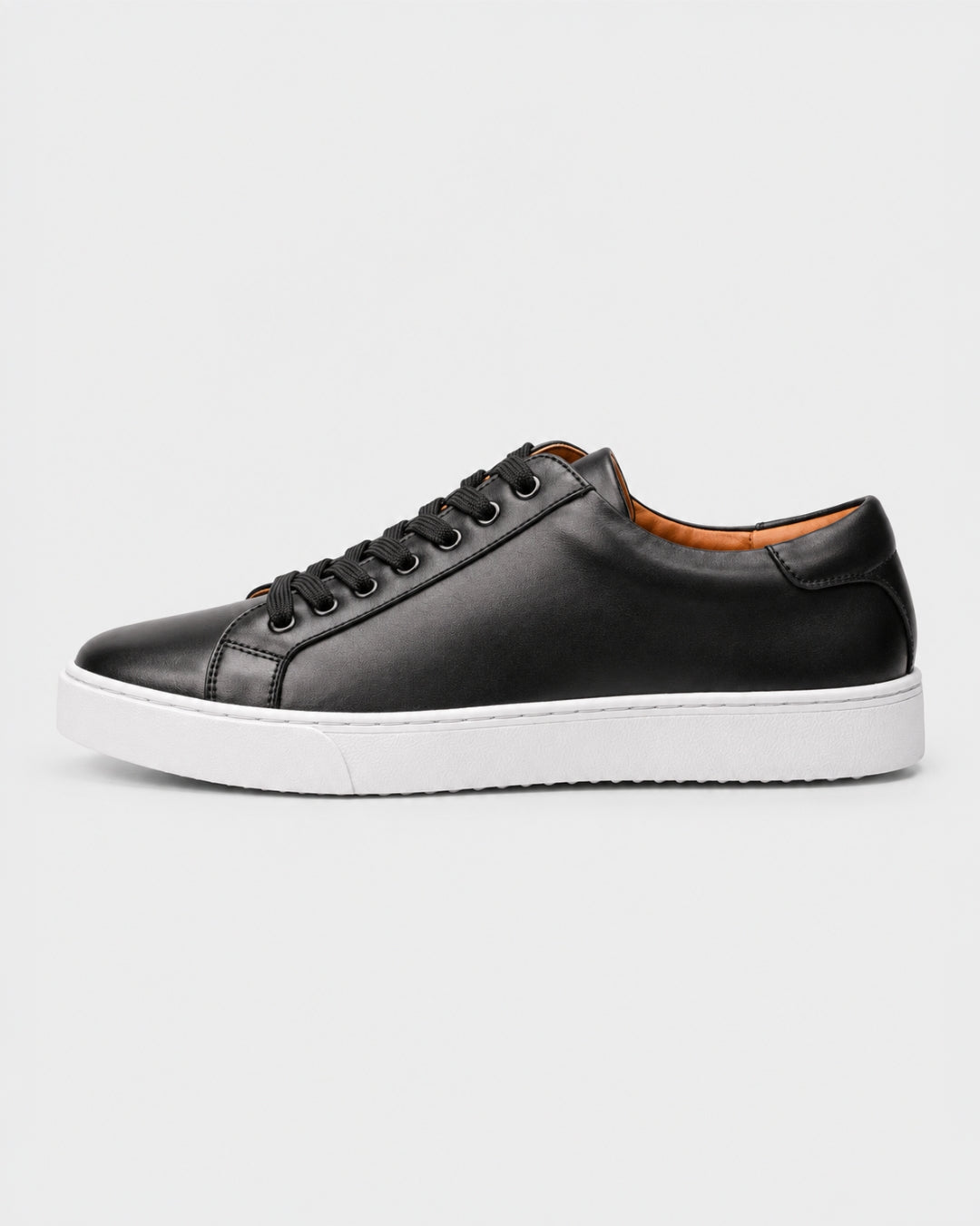 Men's black genuine leather low-top dress sneaker with a white rubber outsole and lace-up closure.