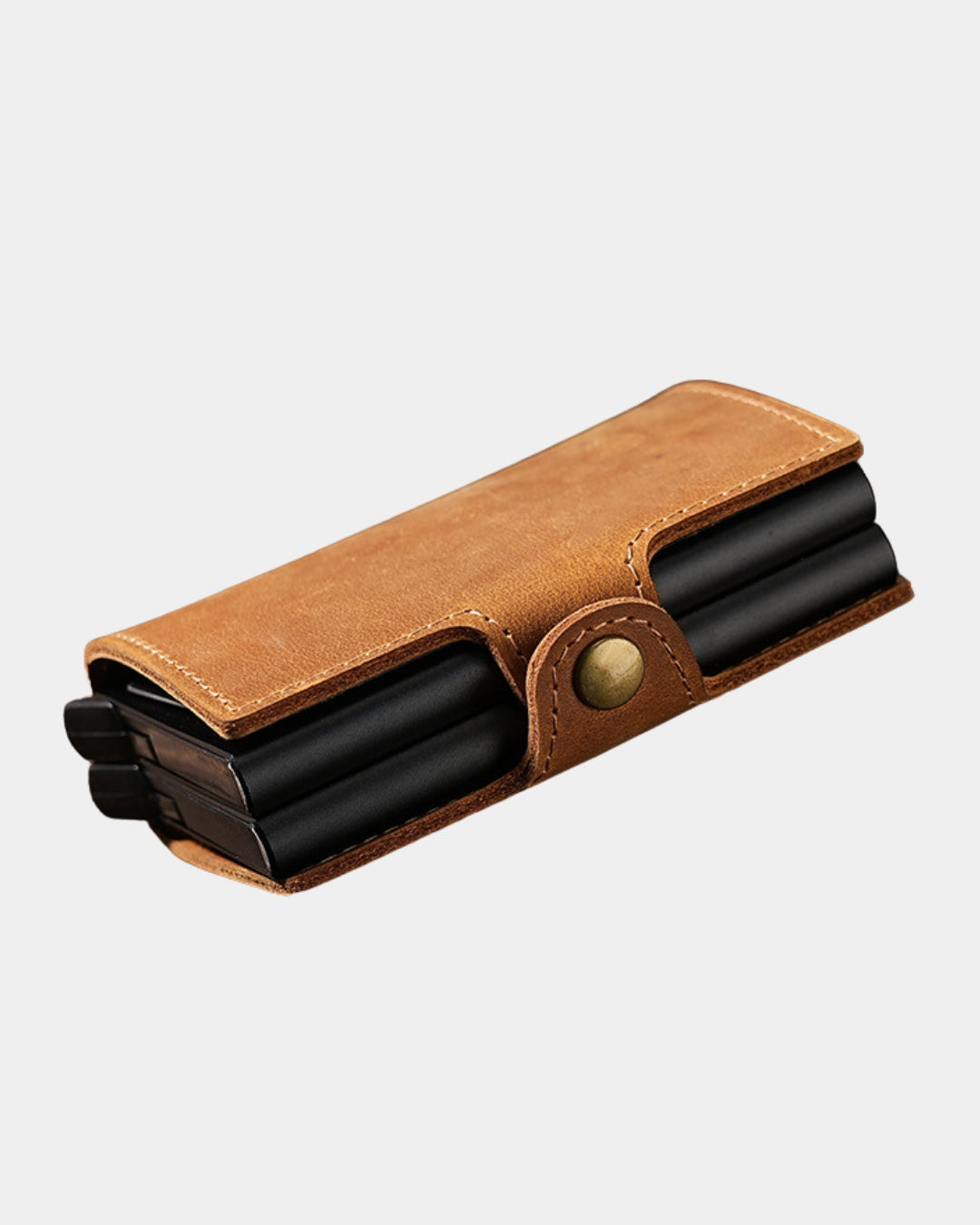 Compact tan genuine cowhide leather pop-up card wallet with a secure snap-button closure and black card holder mechanism.