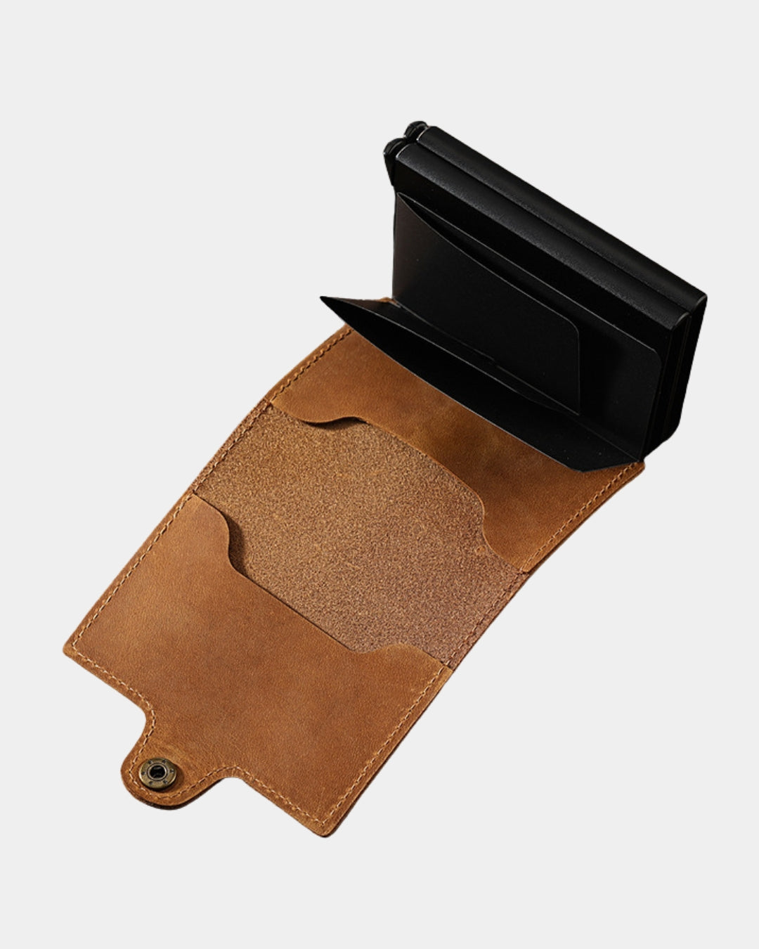 Tan genuine cowhide leather wallet with a black pop-up card holder, snap-button closure, and interior card slots.