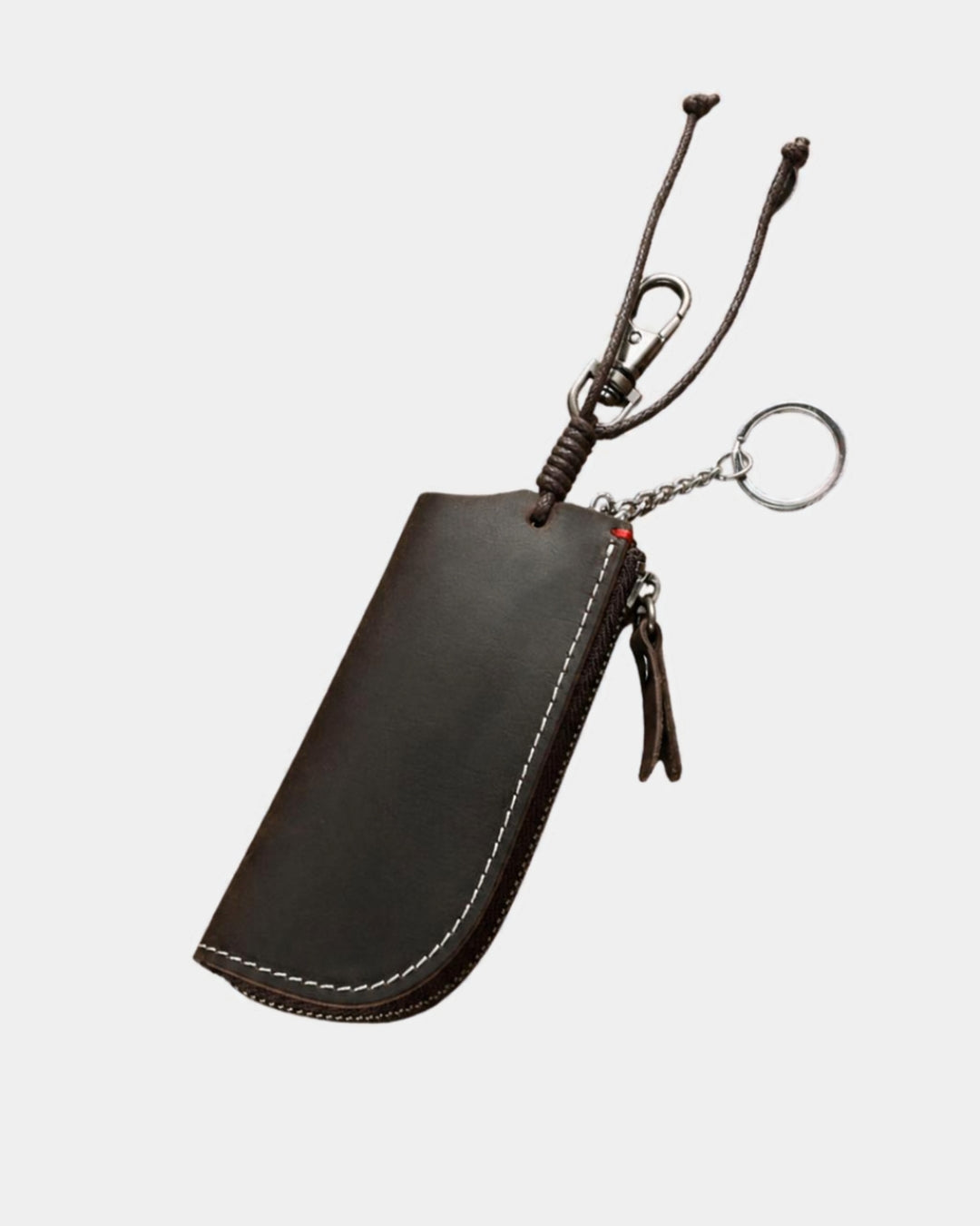 Compact dark brown genuine cowhide leather key wallet with a zippered closure, metal key ring, and sturdy clip.