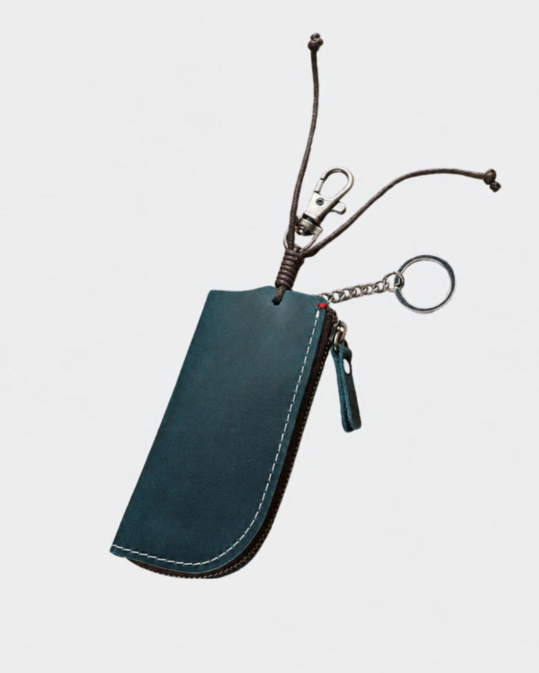 Compact navy blue genuine cowhide leather key wallet with a zippered compartment, metal key ring, and a sturdy clip.