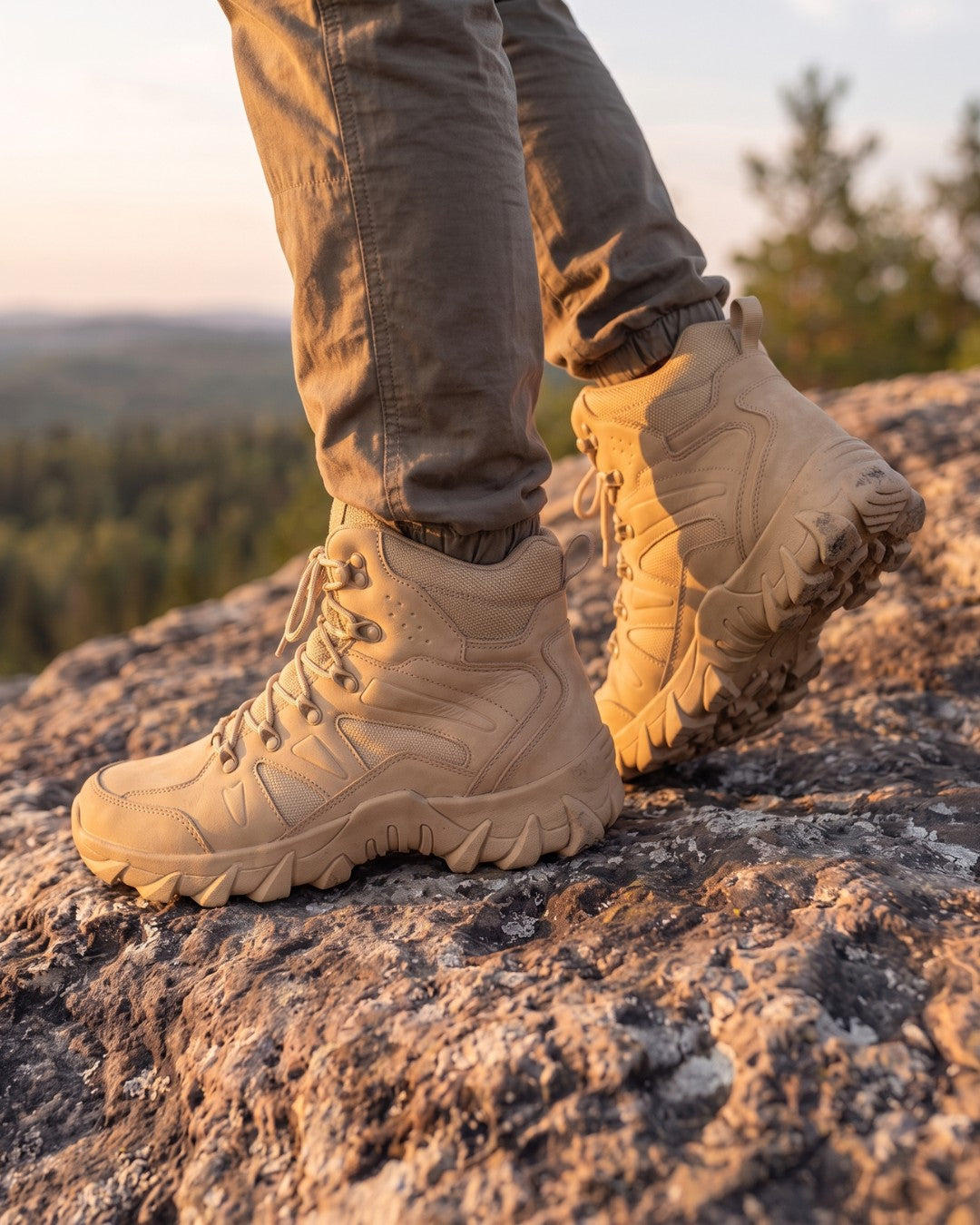 A man wearing hiking tactical combat boots in a beige color by Hudson & Tate, standing on a rocky mountain peak with a forested landscape in the background.