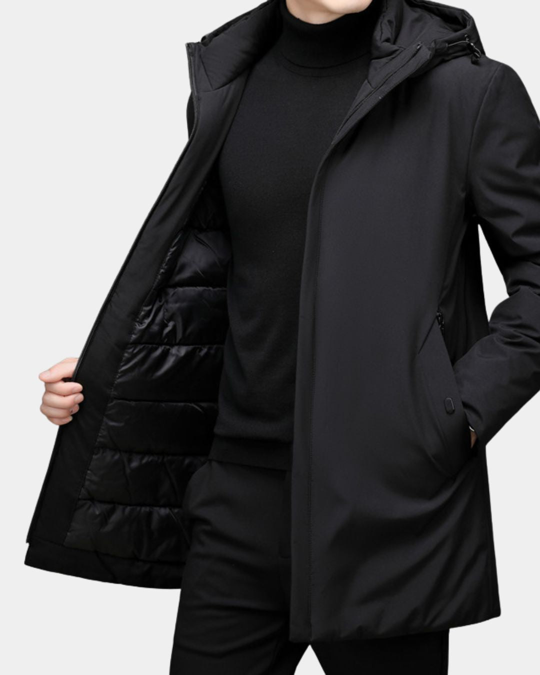 Men’s black mid-length hooded winter parka with a full-zip front, padded interior, and side pockets.
