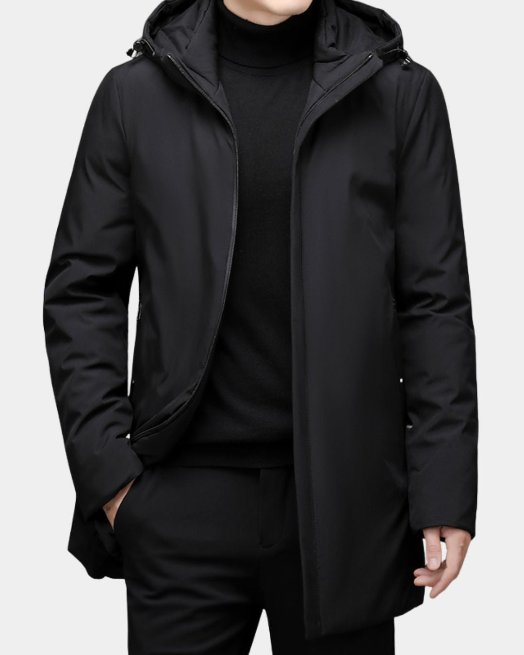 Men’s black mid-length hooded winter parka with a full-zip front and padded construction.