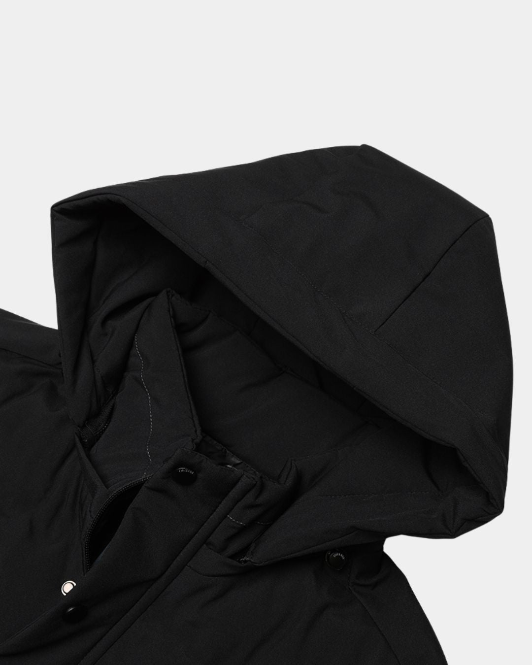 Black men’s hooded winter parka with a padded design, full-zip front, and snap-button closure.
