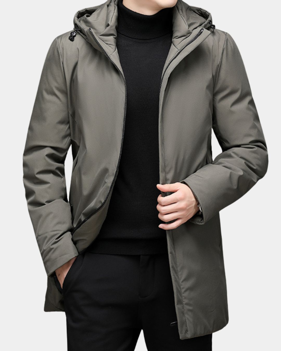 Men’s olive green mid-length hooded winter parka with a full-zip front and padded construction.