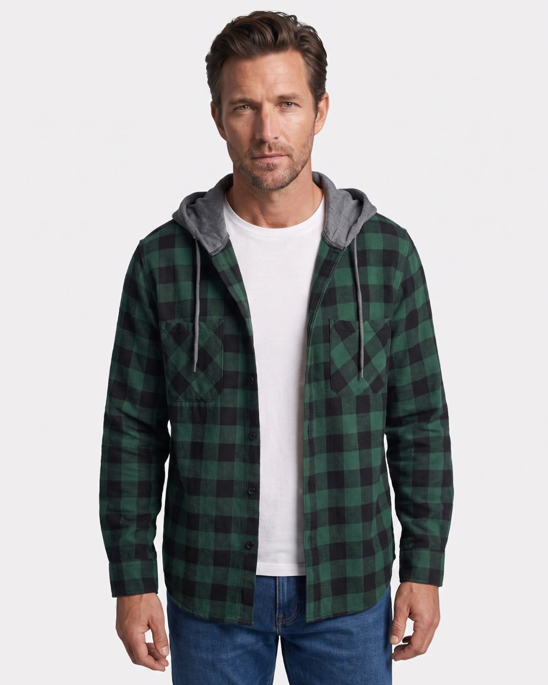 Men's green and black plaid flannel shirt with a grey drawstring hood, button-front, and dual chest pockets.