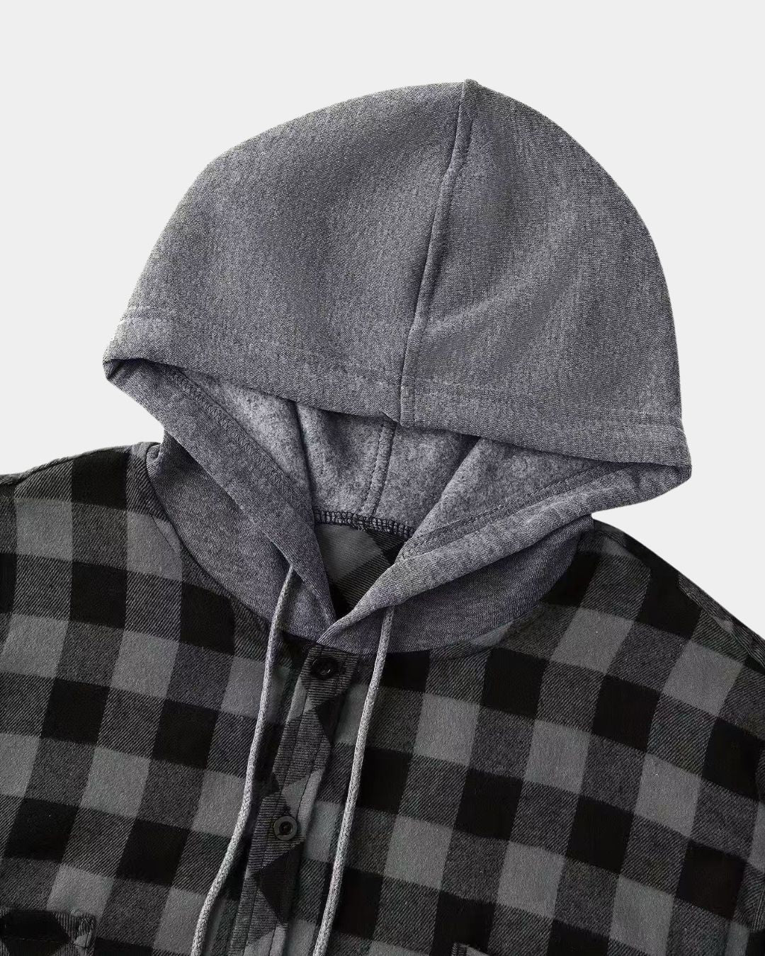 Men's grey and black plaid flannel shirt featuring a soft brushed fabric, button-front design, and a grey drawstring hood.